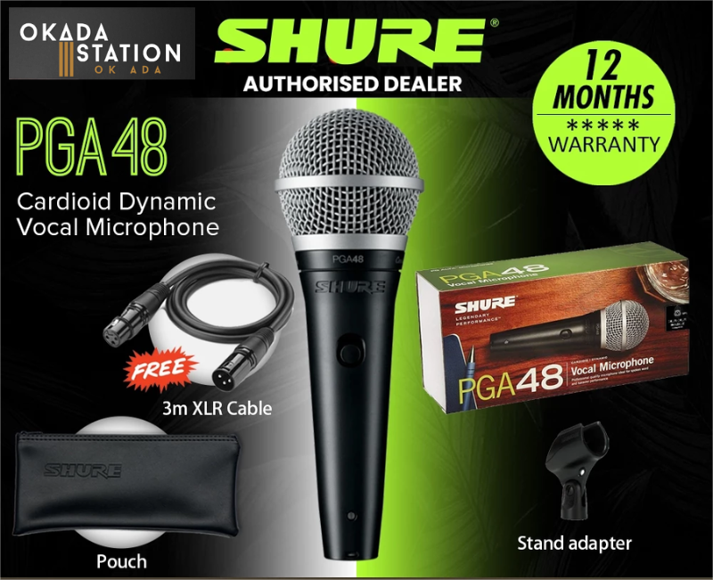 SHURE PGA48-LC CARDIOID DYNAMIC VOCAL MICROPHONE WITH MIC CABLE / PGA-48 / PGA48LC / MIKROFON / WAYAR MIKROFON