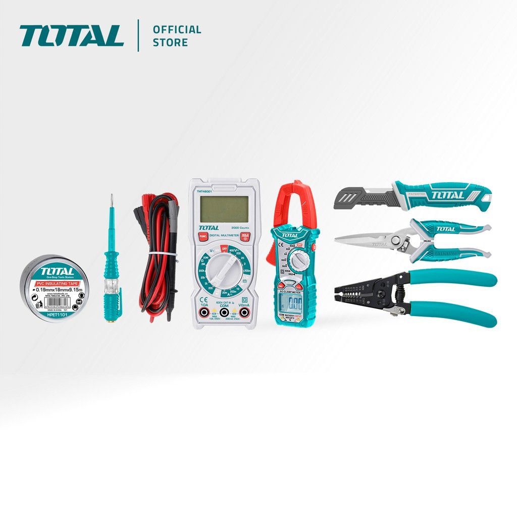 TOTAL TELECOM TOOLS SET WITH MULTIMETER AC CLAMP WIRE STRIPPING PLIERS SCISSORS KNIFE & TEST PEN (7 PCS) THKTV02T071