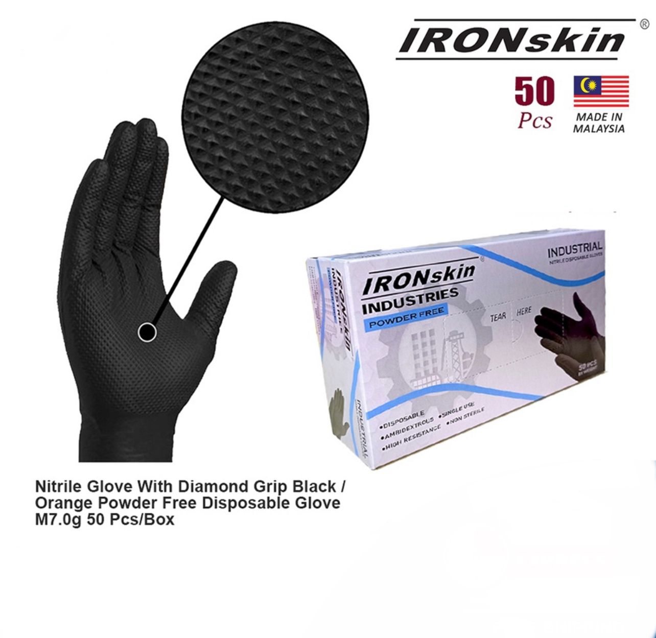 Ironskin Nitrile Glove With Diamond Grip Powder Free Disposable Glove M7.0g 50 Pcs/Box [Made in Malaysia]