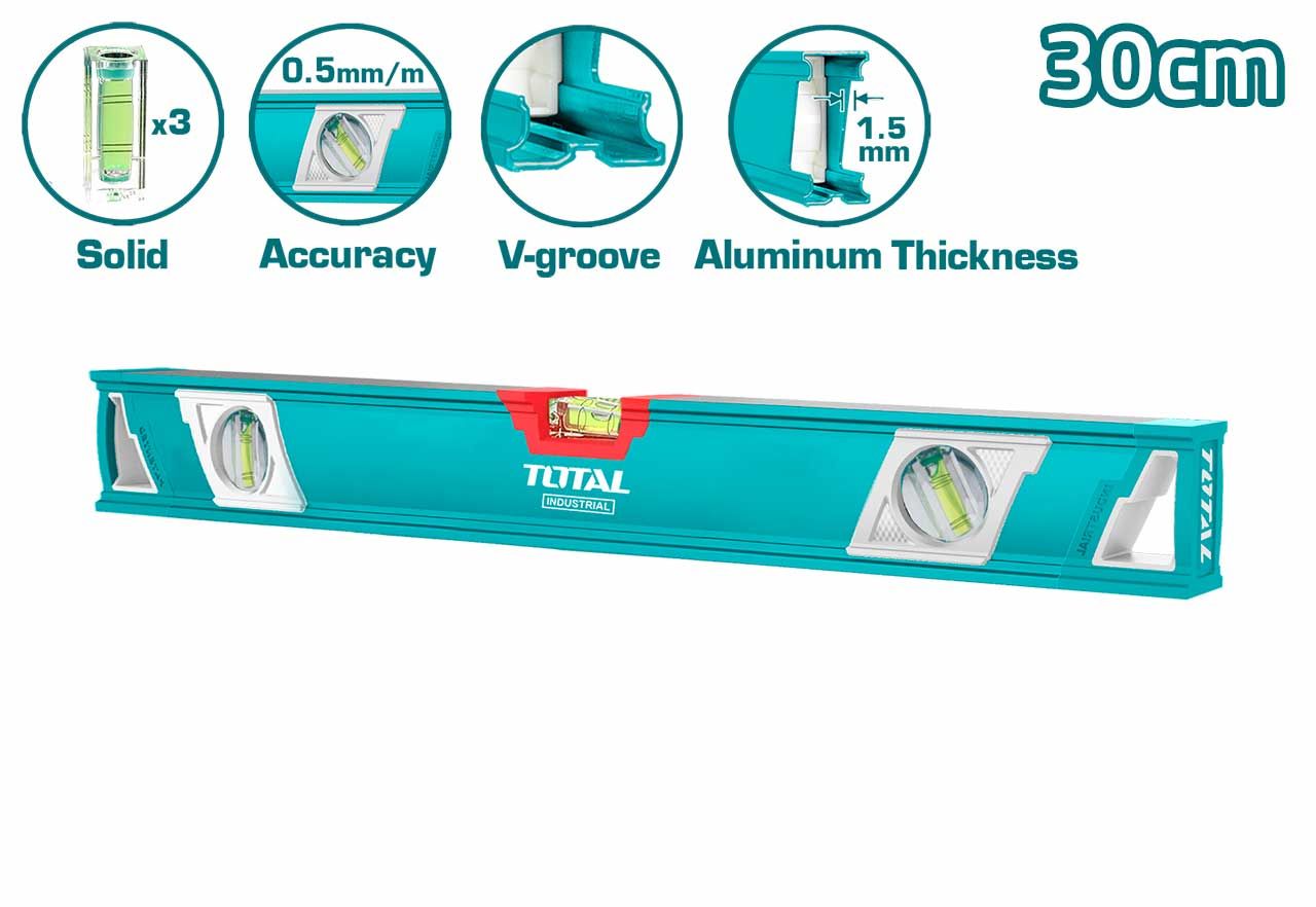 TOTAL SPIRIT LEVEL 30CM W/ V-GROOVE + 3 SPIRIT BUBBLE MILLED SURFACE - TMT23086