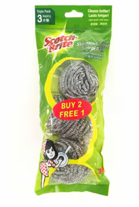 3M Scotch Brite Stainless Steel Spiral Ball / Metallic Scrubber / Scouring Ball / Penggosok Keluli Anti Karat / Cleaning Stains # Dish Washer # Heavy Duty # Cleaning Stubborn Stains # RS2666 ( KTT : 1 Pack @ 3 pcs )