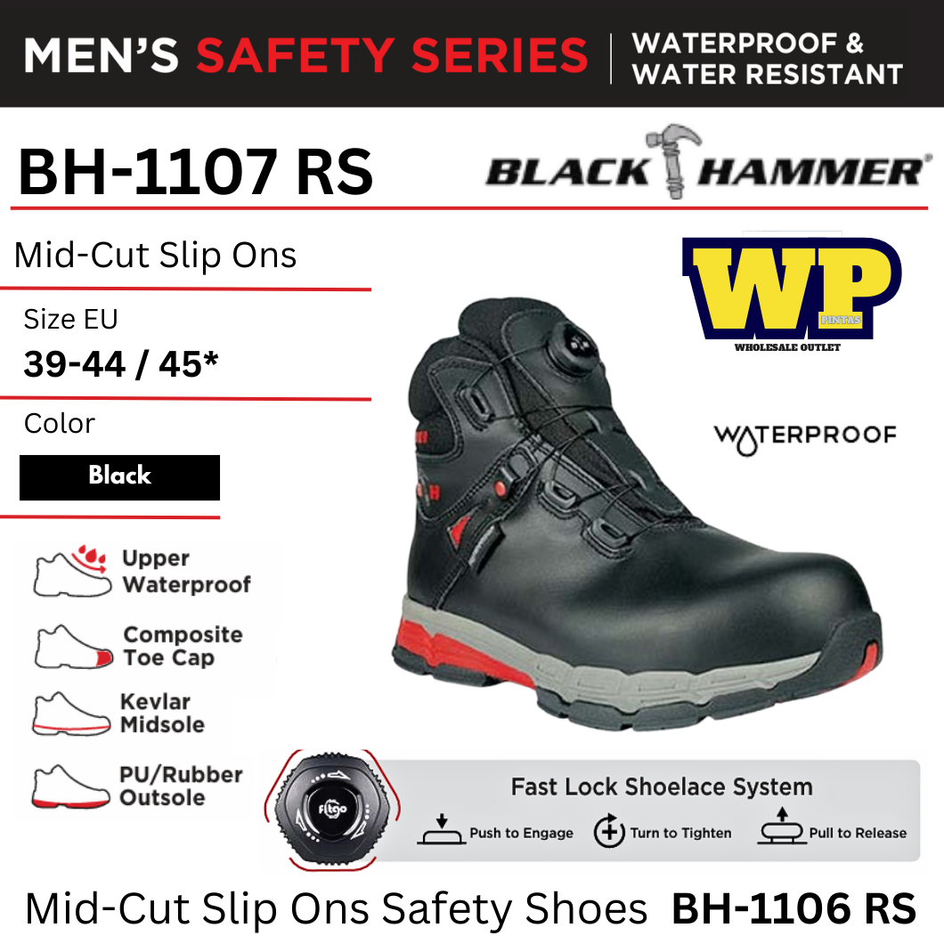 BLACK HAMMER PRO SERIES MID-CUT WITH FASTLOCK SAFETY SHOES - (BH-1107 RS) / BLACK HAMMER / BLACK SAFE / MID-CUT SLIP ONS / SAFETY SHOES / SAFETY BOOTS / FOOT PROTECT / WATERPROOF / KALIS AIR / KASUT KILANG / KASUT KESELAMATAN / BH-1107 RS