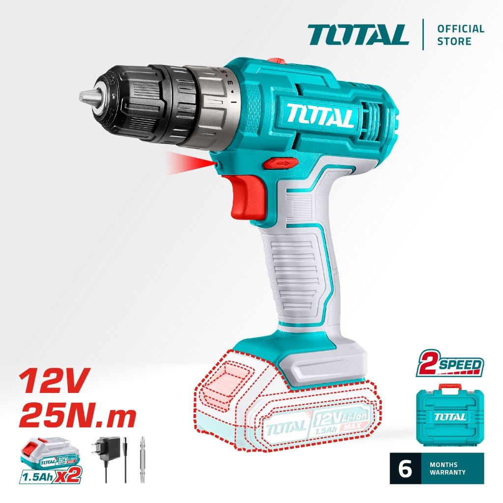 TOTAL LI-ION CORDLESS DRILL (12V/25NM/10MM) 2 SPEED GEAR + 1.5AH BATTERY (2 PCS) + CHARGER + CASE TDLI1228