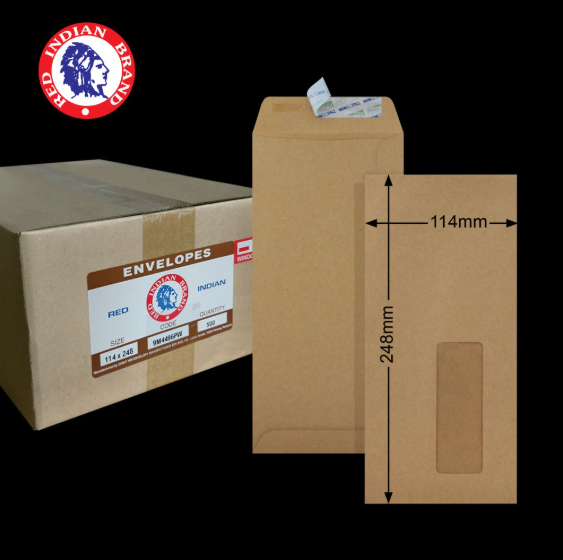 RED INDIAN 4.5"X9.75" RED INDIAN 90GM BROWN MANILA WINDOW P&S POCKET ENVELOPE (500'S X 2 BOXES)