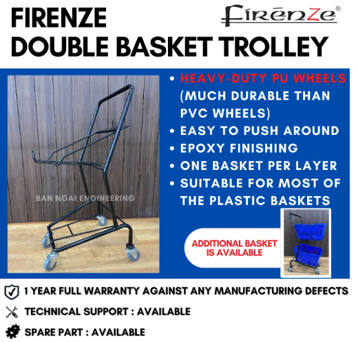 FIRENZE DOUBLE BASKET TROLLEY (PU WHEEL) SHOPPING TROLLEY SHOPPING CART MINI SUPERMARKET | HEAVY DUTY | 1 YEAR WARRANTY