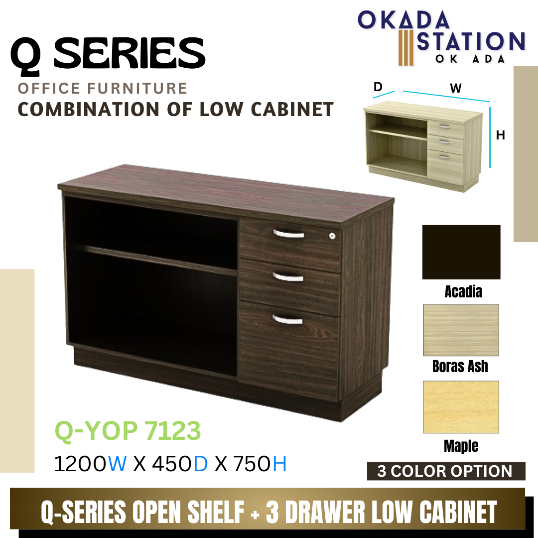 VS Q SERIES OPEN SHELF + 3 DRAWER FIXED PEDESTAL COMBINATION LOW CABINET- (Q-YOP 7123) / Q SERIES / WOODEN COMBINATION LOW CABINET / COMBINATION LOW CABINET / LOW CABINET / OPEN SHELF + FIXED PEDESTAL 2D1F / CABINET