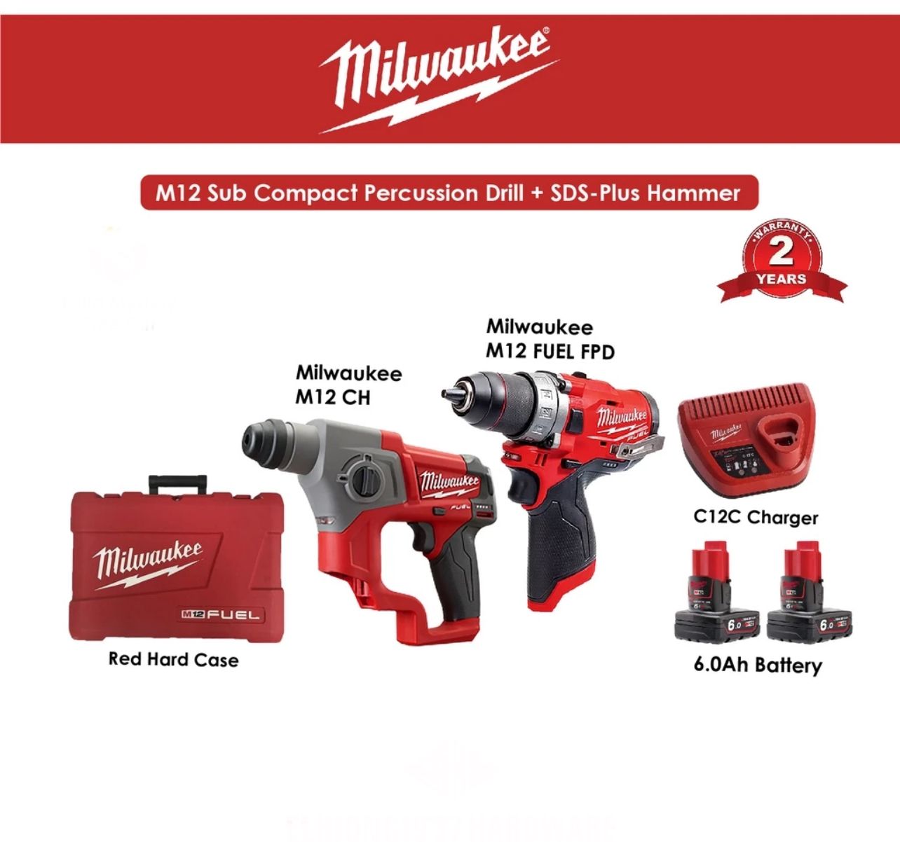 MILWAUKEE M12 FPD-0 FUEL 13mm 2-Speed Percussion Drill Driver 44Nm SOLO M12 CH-602C FUEL SDS-Plus 2 Mode Hammer