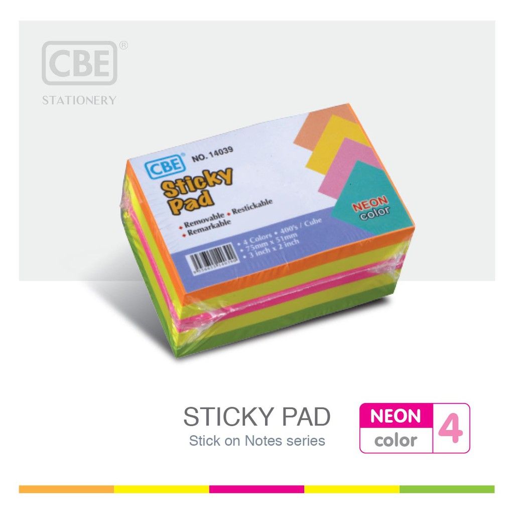 CBE Sticky Pad 14039 4 Neon Colours x 100 sheets