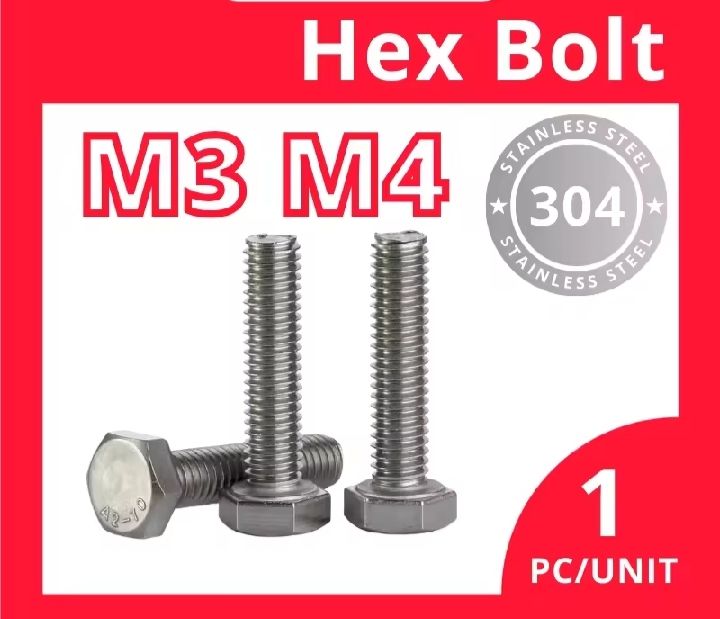 M4 HEXAGON BOLT SUS 304 FULL THREADING(FT) 100 PCS/ PACK-VARIOUS LENGTH SIZES