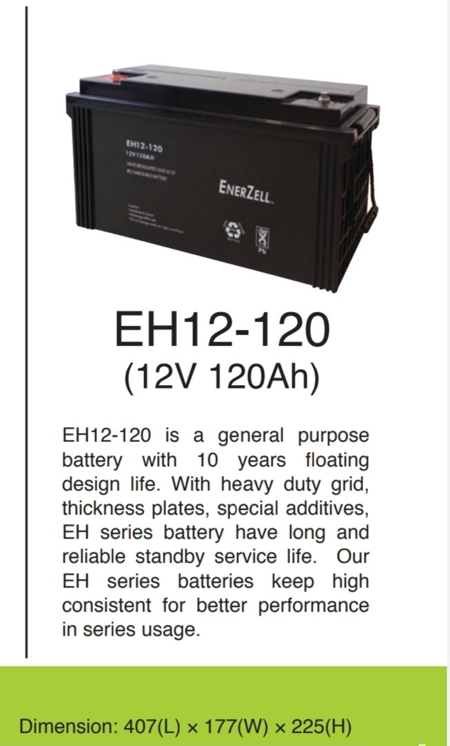 ENERZELL VRLA RECHARGEABLE BATTERY MODEL: EH12-120 (12V120Ah) - FREE DELIVERY OCHA ENERZELL VRLA RECHARGEABLE BATTERY MODEL: EH12-120 (12V120Ah) - FREE DELIVERY
