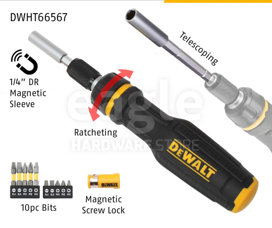 DEWALT DWHT66567 MAX FIT® TELESCOPING MULTI-BIT RATCHETING SCREWDRIVER, 10PC BIT, MAGNETIC HOLDER