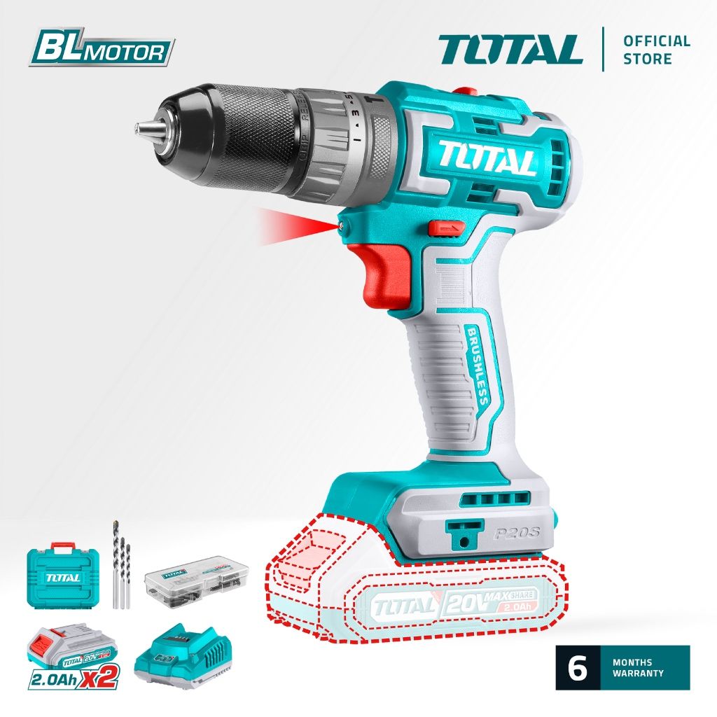 TOTAL LI-ION BRUSHLESS IMPACT DRILL (50NM/20V) + BATTERY (2 PCS) + CHARGER + ACCESSORIES & BIT (50PCS) P20S TIDLI20508