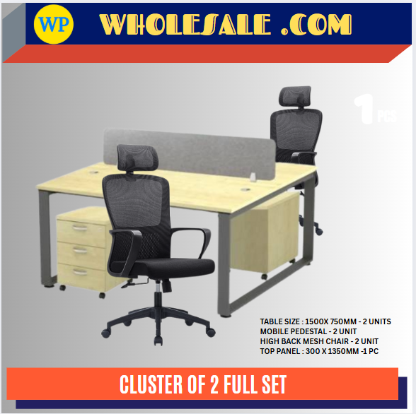 VS 2 SEATER TABLE METAL LEG WITH GROMMET & CHAIR & DRAWER / WORKSTATION / B16-SQR-2D / 1500MM TABLE SIZE / CLUSTER OF 2