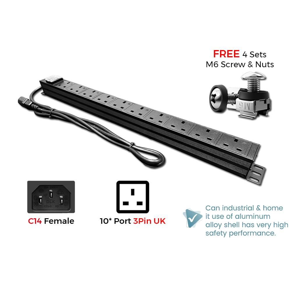 PDU C14 INPUT TO 10 UNIT 3PIN UK OUTPUT 250V 10A 1.8METER FOR LARGE SERVER RACK VERTICAL INSTALLATION