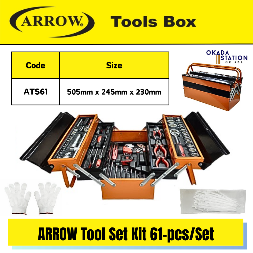 ARROW Tool Set Kit (61PCS) - ATS61 / Tool Accessories Set / Hand Tool Kit / ARROW Combo Kit Set / Hand Tool Kit With Tool Box Set / ATS61