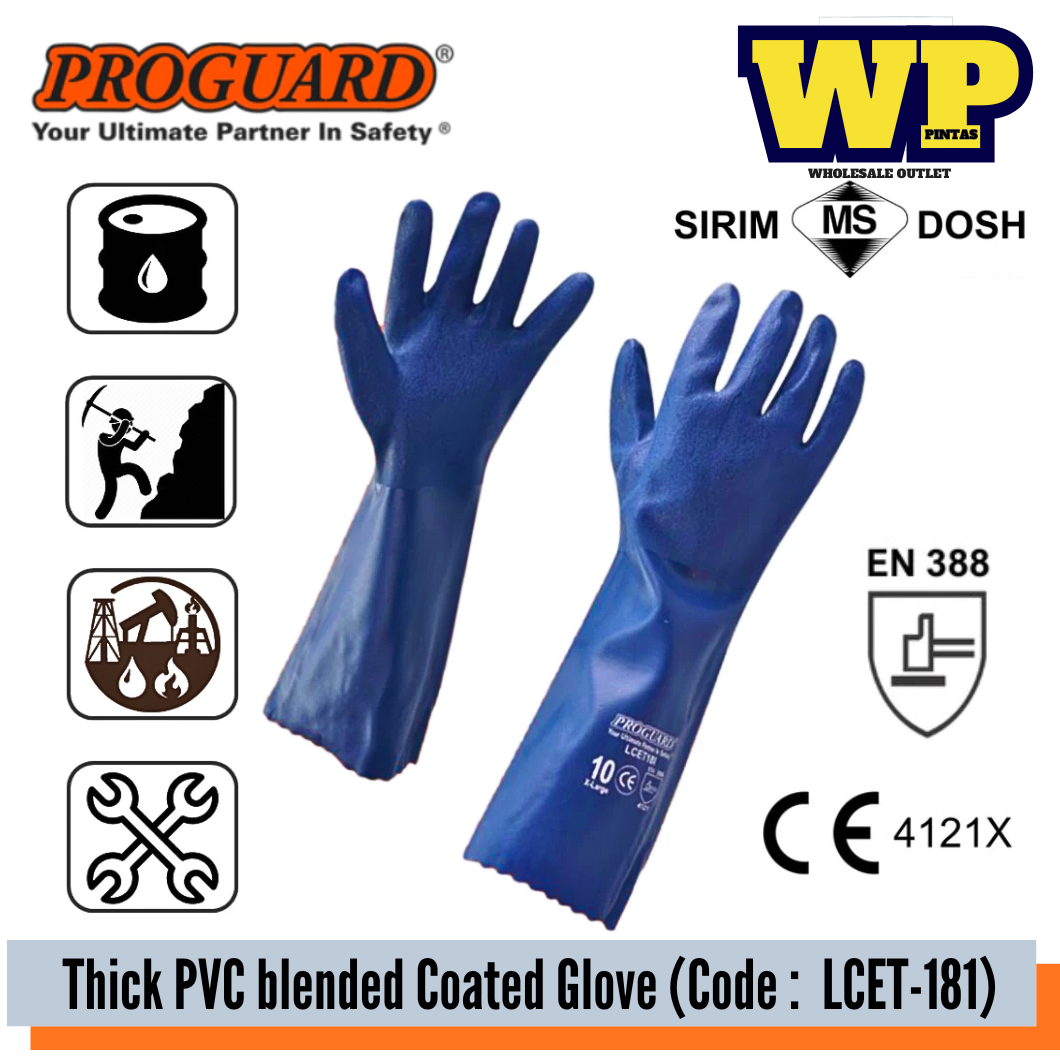 PROGUARD - 18" HEAVY DUTY PVC COATED GLOVE WITH COTTON LINING (SIRIM & DOSH) - XL SIZE / PVC COATED GLOVE / ABRASION GLOVE / CUT RESISTANT GLOVE / TEAR RESISTANT GLOVE / CHEMICAL RESISTANT GLOVE / GRIP GLOVE / HAND PROTECTION / GLOVE / LCET-181