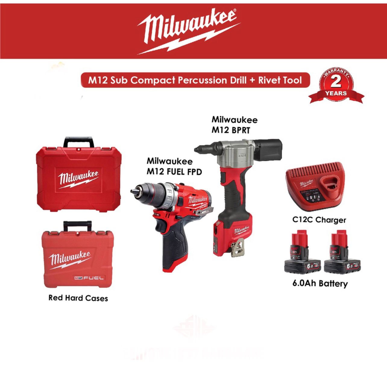 MILWAUKEE M12 BPRT-0C Rivet Tools Hard Case M12 FPD-602C FUEL 13mm 2-Speed Percussion Drill Driver 44NM M12BPRT-0C 1498