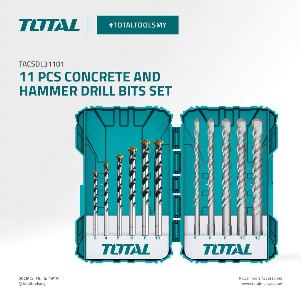 TOTAL 11 PCS CONCRETE AND HAMMER DRILL BITS SET - TACSDL31101