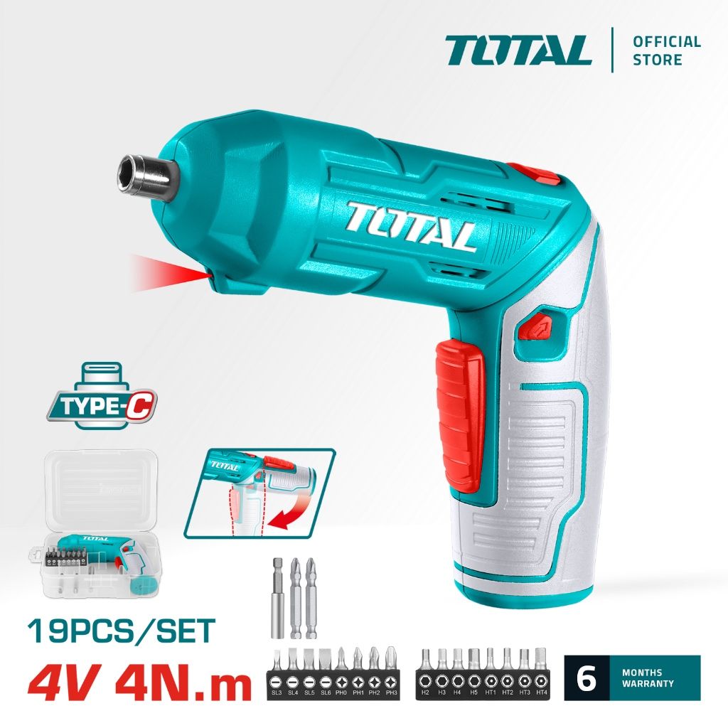 TOTAL LI-ION CORDLESS SCREWDRIVER (1/4"/4V) WITH LED WORK LIGHT & ADJUSTABLE HANDLE + SCREWDRIVER BIT (18 PCS) TSDLI0442