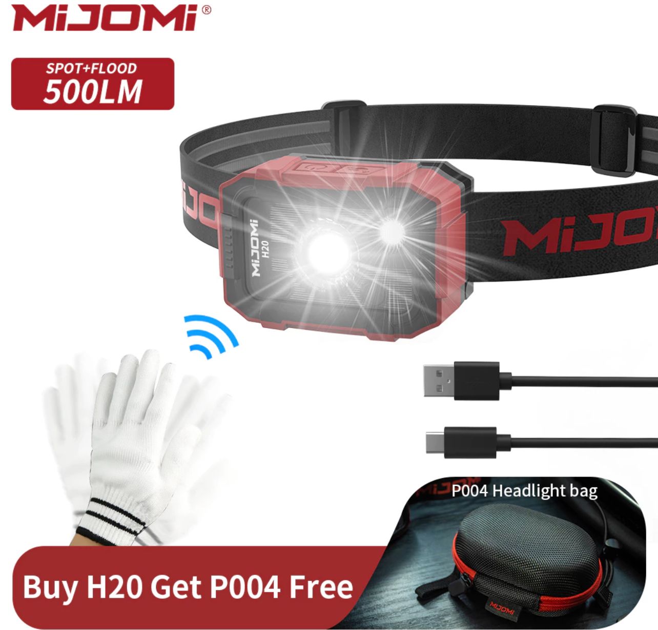 Mijomi Headlamp H20 With Wave Motion Sensor Headlight, Lightwight Head Light ,Type-C flashlight