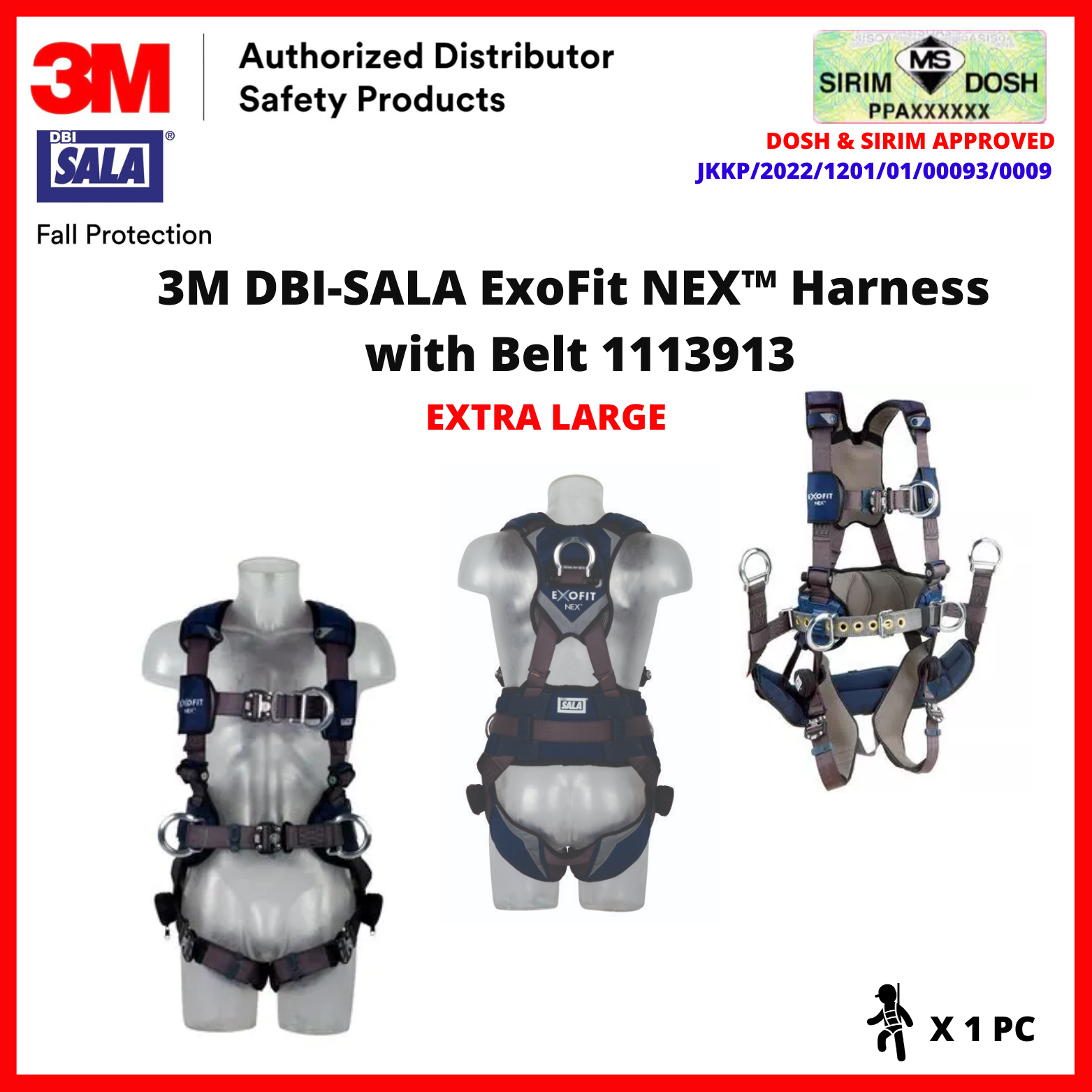 3M 1113913 SIRIM AND DOSH APPROVED. 3M™ DBI-SALA® DBI-SALA®ExoFit NEX™ Harness with Belt 1113913, Extra Large
