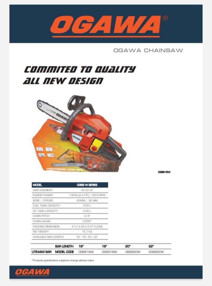 Ogawa OG6818W (18") 45cc Gasoline Oregon Chain Saw.. Model OG6818W