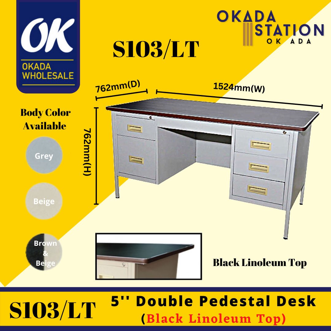 5'' Double Pedestal Desk (Black Linoleum Top) S103/LT 5'' Double Pedestal Desk (Black Linoleum Top) / Double Pedestal Desk / Pedestal Desk / Double Pedestal Table / Metal Table / Table With Drawer / Steel Table / Table