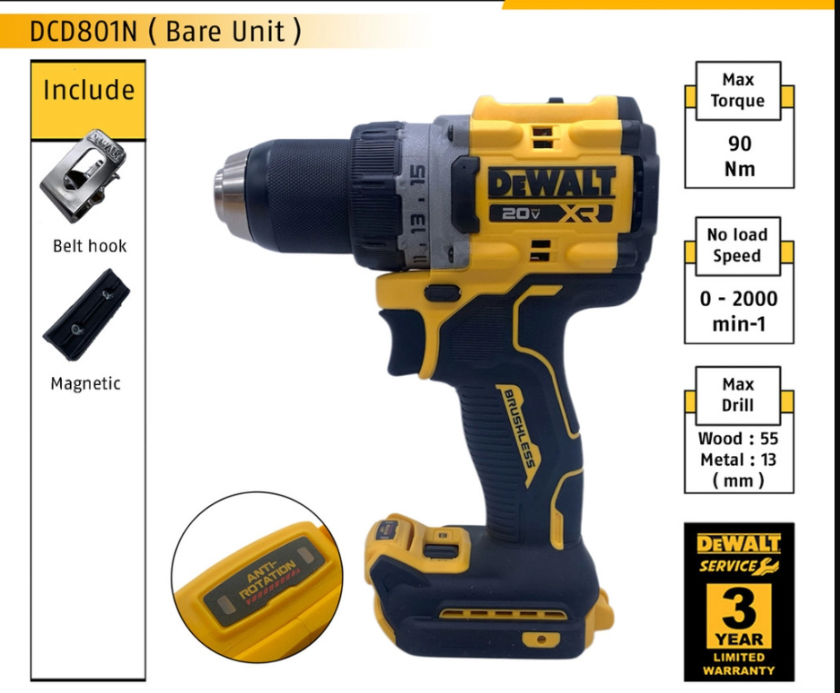DEWALT DCD801N-B1 13MM ( 1/2" ) 18/20V BRUSHLESS CORDLESS DRILL DRIVER ( BARE UNIT ) ( DCD801N, DCD801 )
