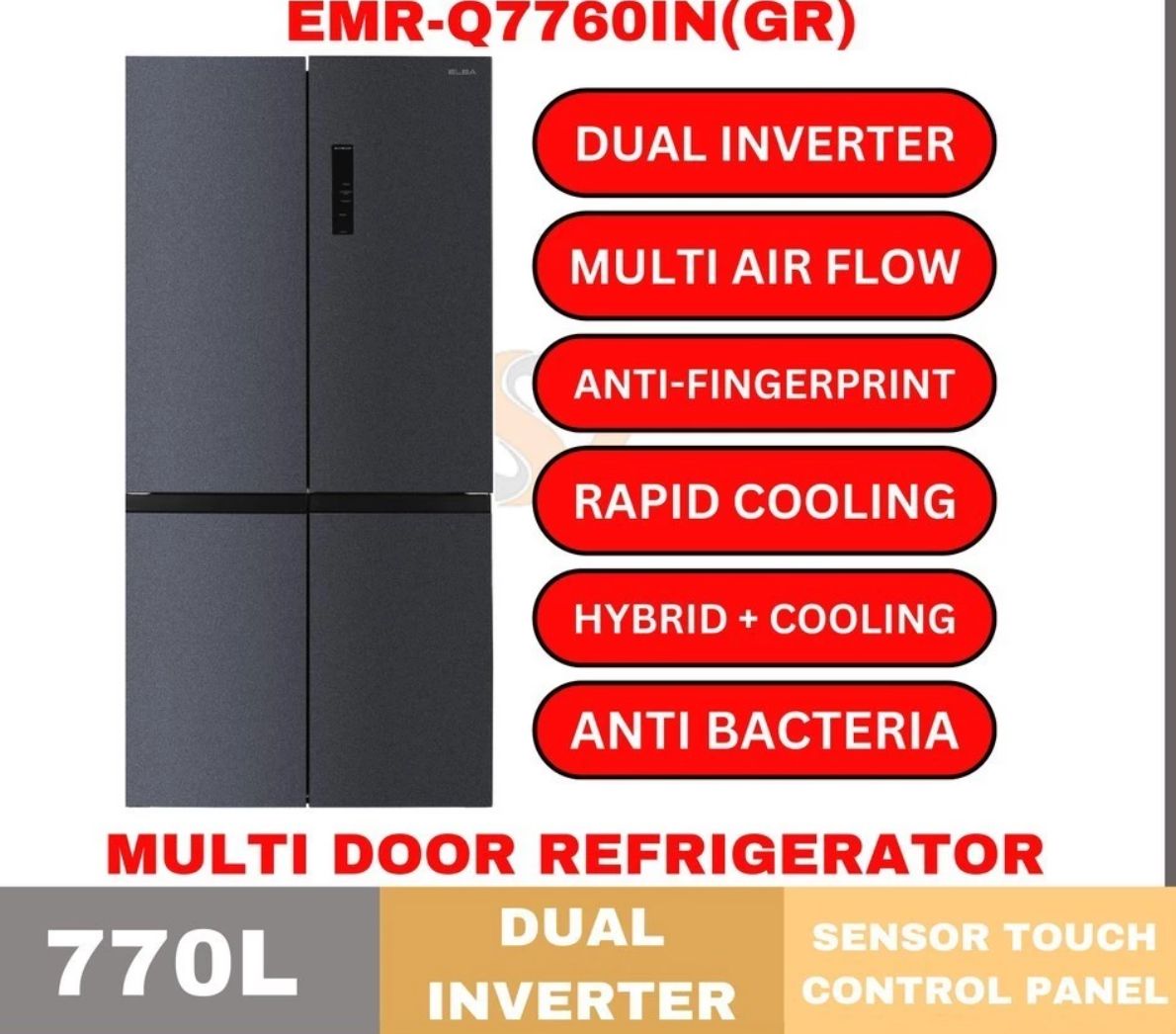 ELBA ESR-Q7659IN(GR) 770L Side-by-side Refrigerator VERZINO I Quad Zone Cooling System