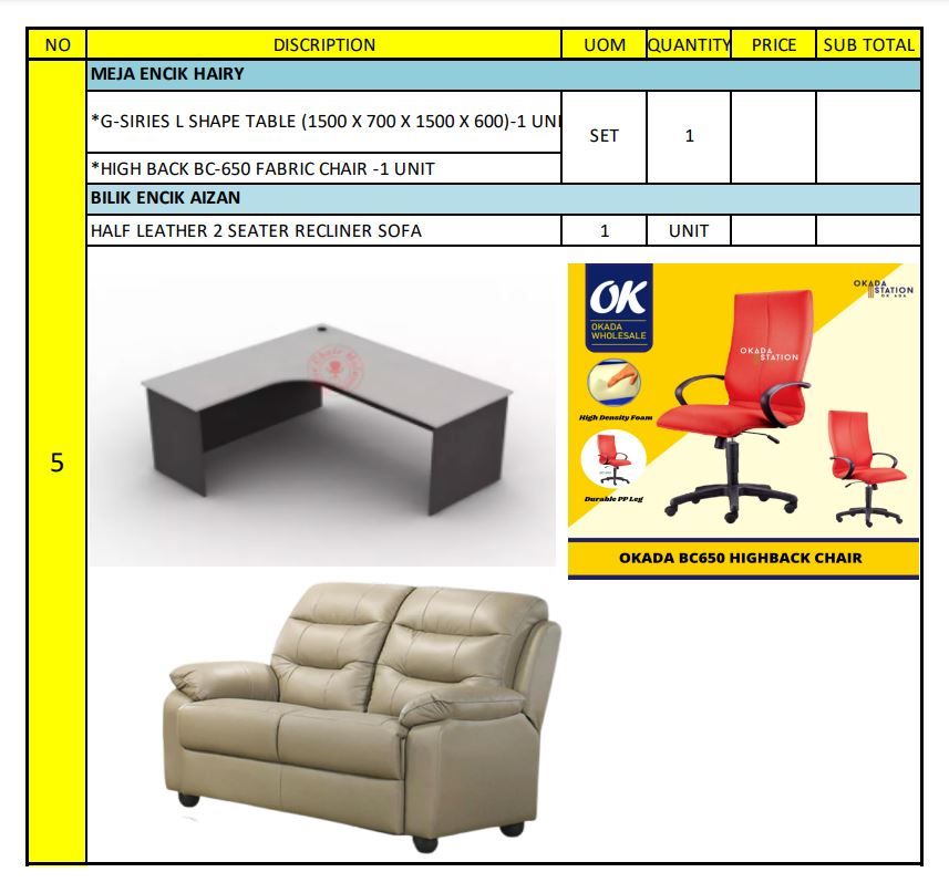 OK 5 L SHAPE TABLE + BC-651 ERGONOMIC HIGH BACK CHAIR + HALF LEATHER 2 SEATER RECLINER SOFA / OFFICE FURNITURE / HIGH BACK CHAIR / OFFICE TABLE / SOFA