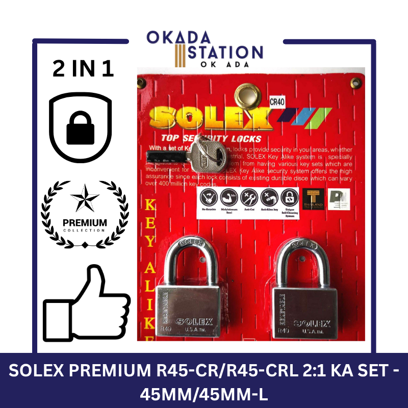 SOLEX PADLOCKS / SIZE 45MM / R45-CR/R45-CRL 2:1 KA SET / KEY-ALIKE / MASTER KEY /SYSTEM PADLOCKS / 100% ORIGINAL / PREMIUM TOP SECURITY / KUNCI - 45MM/45MM-L