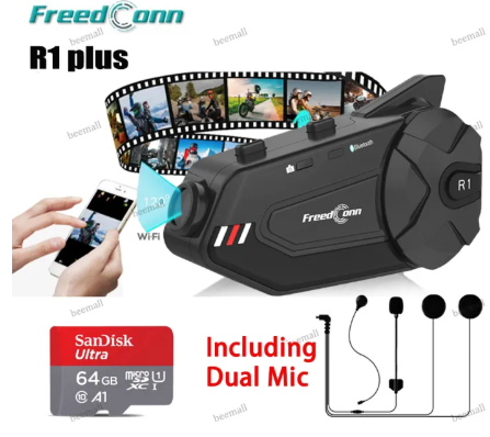 Freedconn R1 Plus Motorcycle Camera 1080P HD Wifi Recorder Bluetooth 5.0 Group 1000M Intercom FM Wifi 6 Riders Helmet Interphone Dash Camera IP65