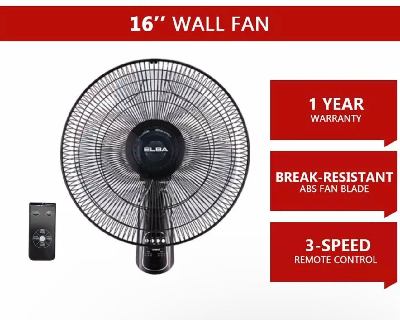 Elba Remote Control Wall Fan (16") /| KIPAS DINDING