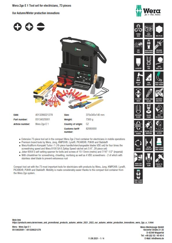 Wera *Wera 73 Piece Electricians VDE Approved Tool Kit with Bag - 05134025001