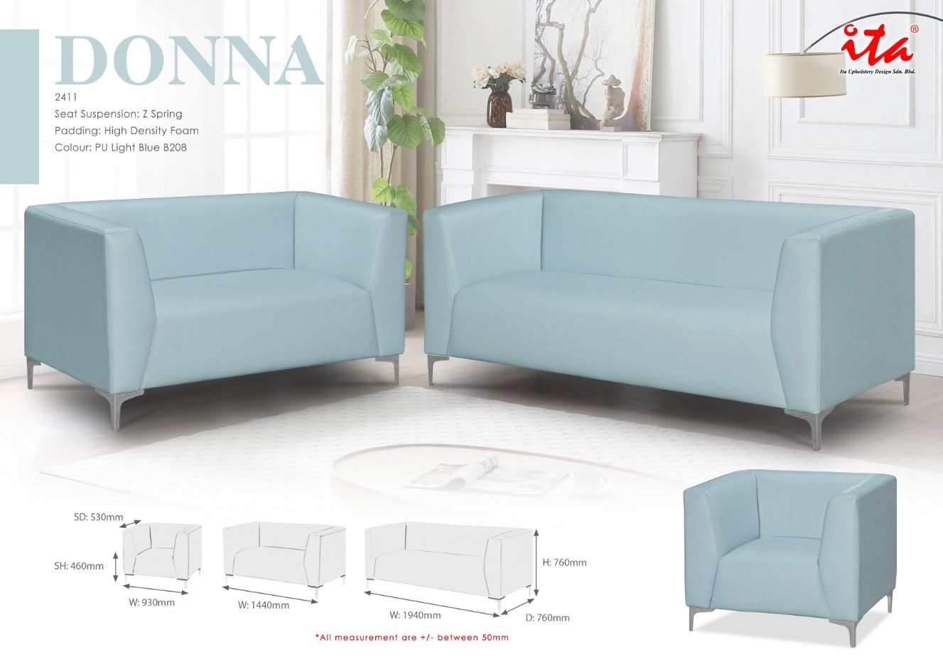 Sofa DONNA 2411 / PU LEATHER / FABRIC / SOFA SET / OFFICE SOFA / SOFA