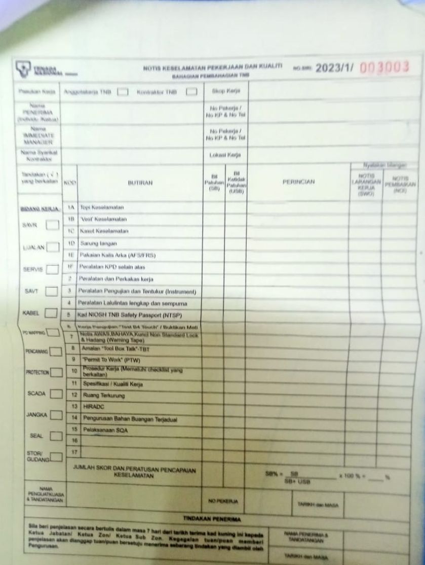 Tnb Buku Notis Keselamatan Pekerjaan Dan Kualiti Bahagian Pembahagian TNB