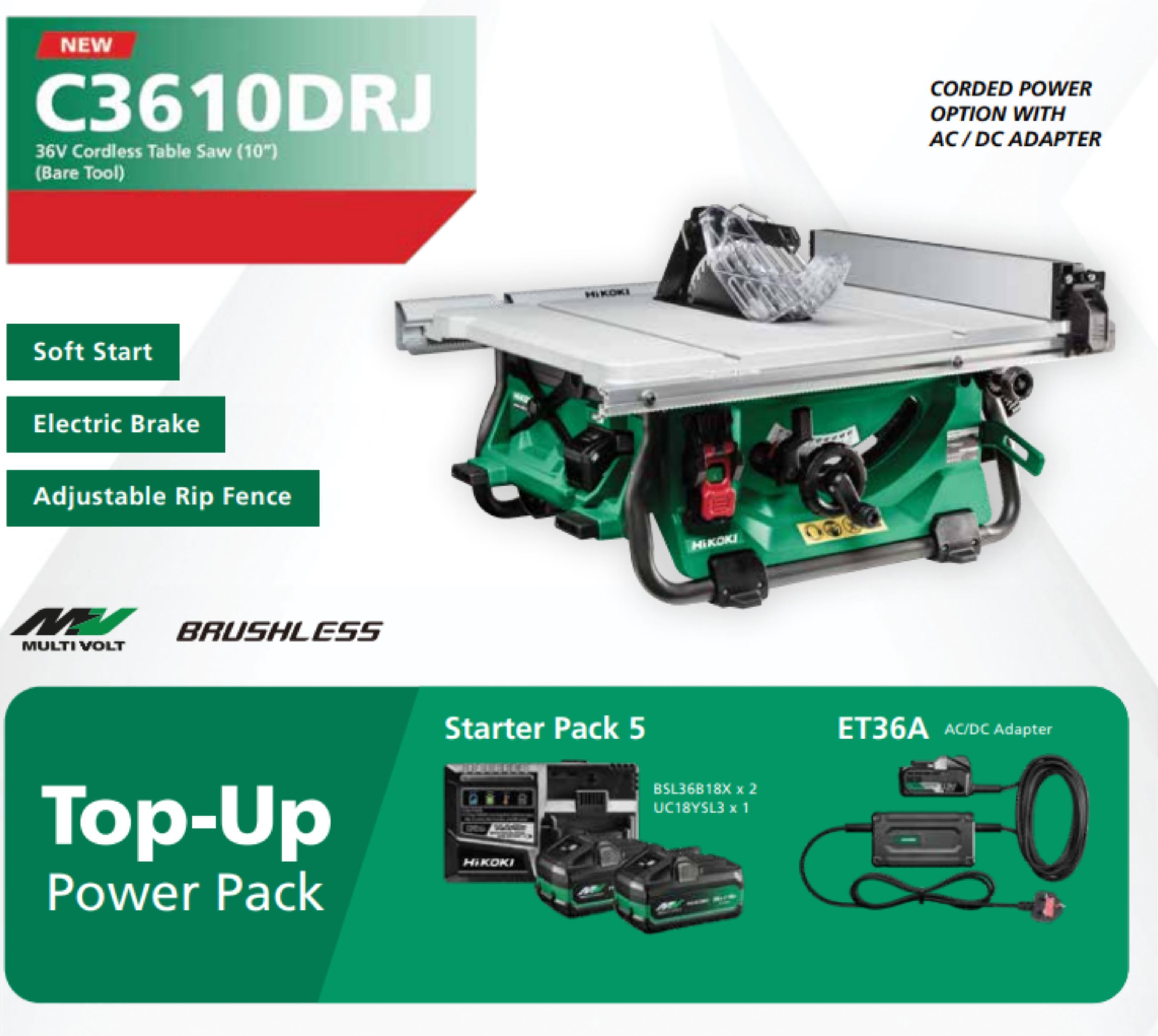 HIKOKI C3610DRJ 36V CORDLESS TABLE SAW (10") BARE TOOLS