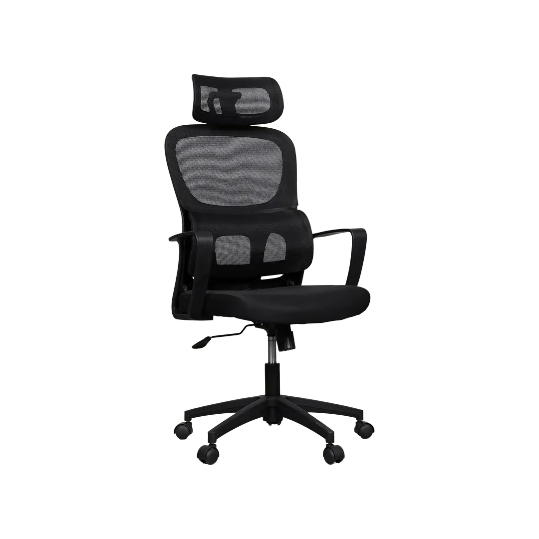 Ergonomic Chair With Headrest (High Back) / Kerusi Ergonomik / Mesh Chair / Office Chair / Kerusi Pejabat # Black Color # Fabric Seater + Mesh Net Backrest + Mesh Net Headrest # Chrome Metal Base Leg (Brand : 3STSB)