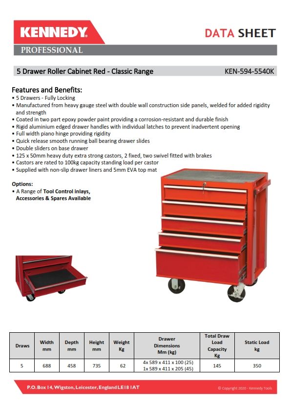 Kennedy-Pro *Kennedy-Pro RED 5-DRAWER PROFESSIONAL ROLLER CABINET - KEN5945540K