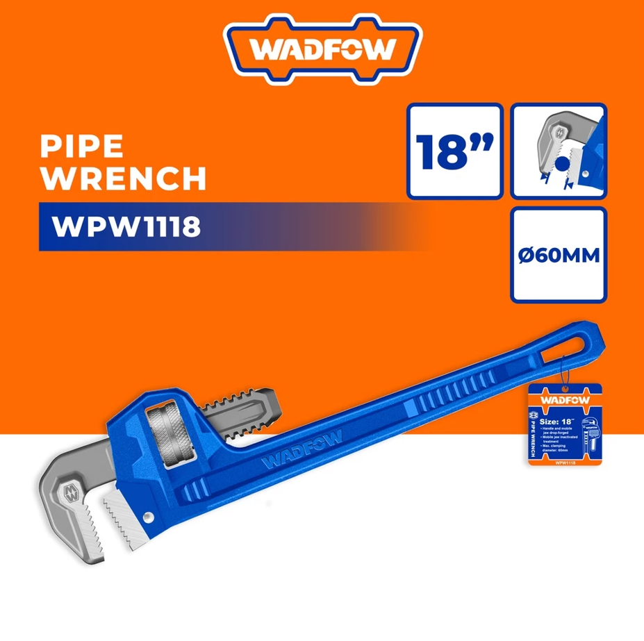 WADFOW PIPE WRENCH DROP-FORGED CARBON STEEL (18"/60MM) (WPW1118)