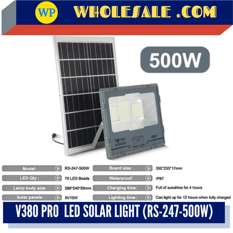 V380 PRO LED OUTDOOR SOLAR LIGHT - 500W / LED SOLAR LIGHT / WORK LIGHT / SAFETY LIGHT / LAMPU SOLAR / CAHAYA BANJIR SOLAR / LAMPU KESELAMATAN / 5054 HIGH LUMENS / RS-247-500W