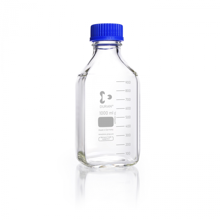 LAB. BOTTLE ROUND CLEAR, DURAN S/CAP & P/RING, 1L