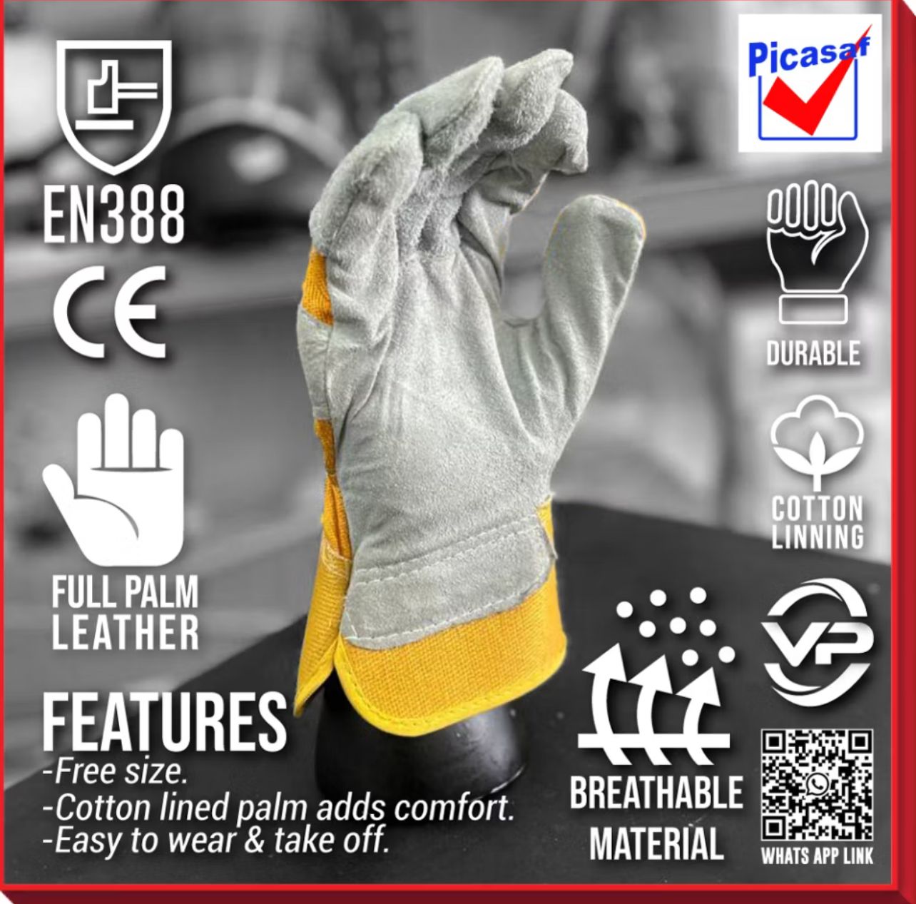 PICASAF HEAVY DUTY SEMI LEATHER RIGGER FITTER GLOVES YELLOW 10.5 INC SARUNG TANGAN KULI LEMBUT KUNING MULTIPURPOSE
