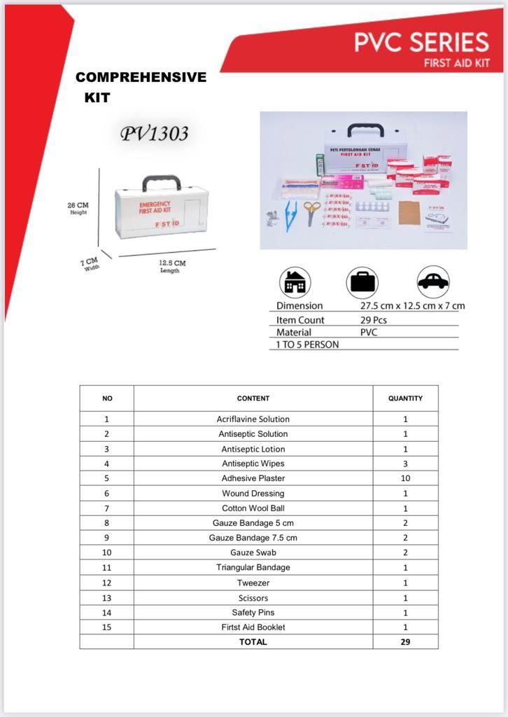 FF First Aid Kit PV-1303 Complete Set (25.3cm X 11.6cm X 7.9cm)