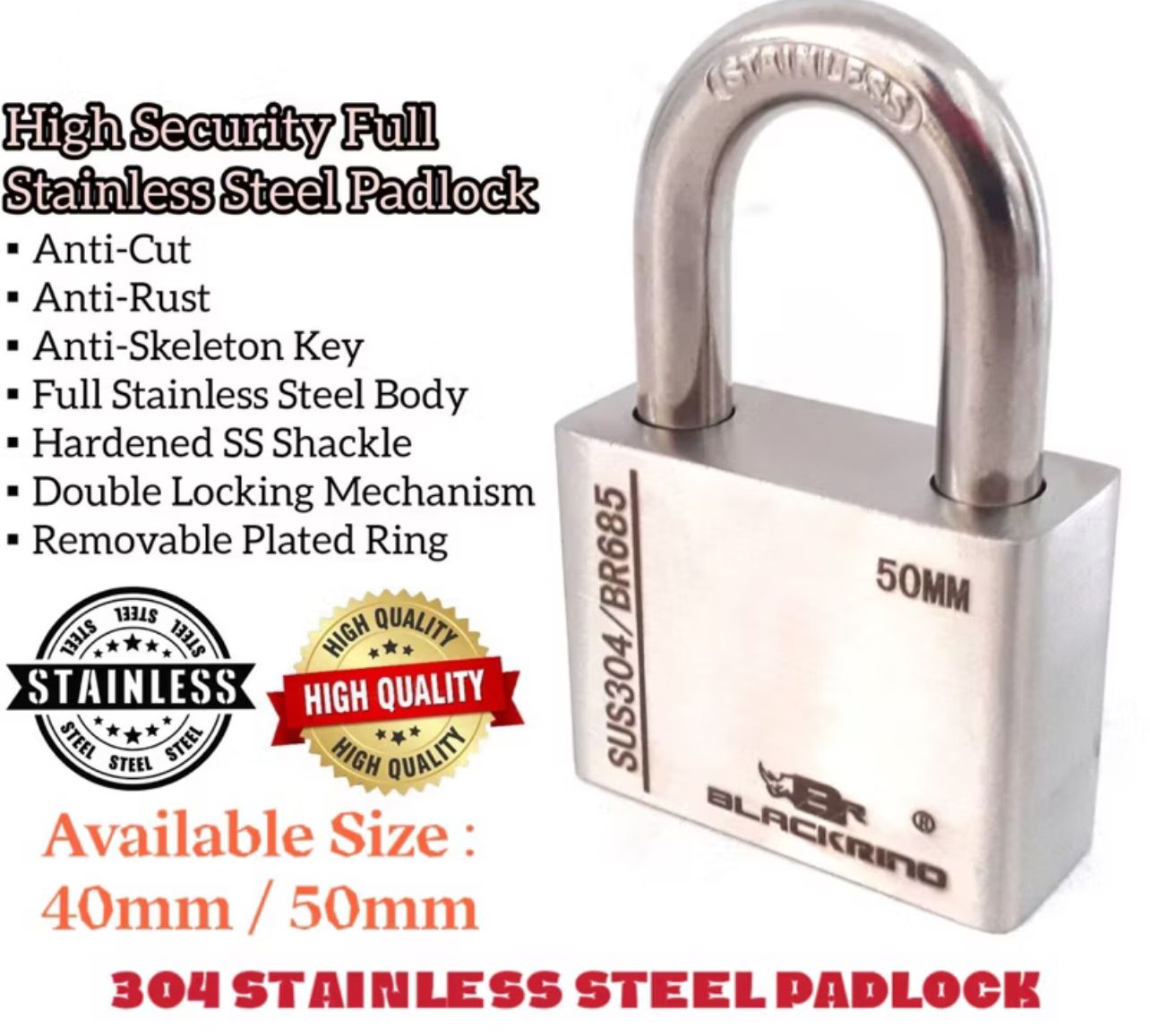 BLACKRINO Heavy Duty Full Stainless Steel SS304 Security Padlock Lock For Indoor Outdoor Household Workshop
