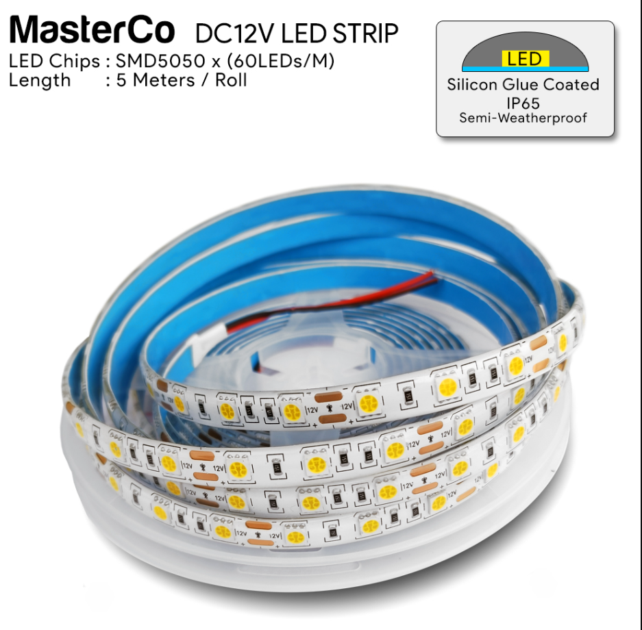 MASTERCO DC12V SMD 5050 LED STRIP (IP65 SILICON GLUE COATED) SEMI-WEATHERPROOF