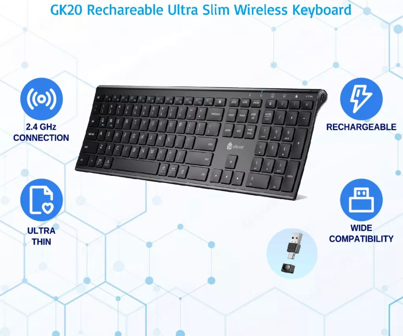 iclaver iClever GK20 2.4G Wireless Keyboard, USB-C Rechargeable Stainless Steel UltraSlim Full Size Keyboard with Numeric Keypad
