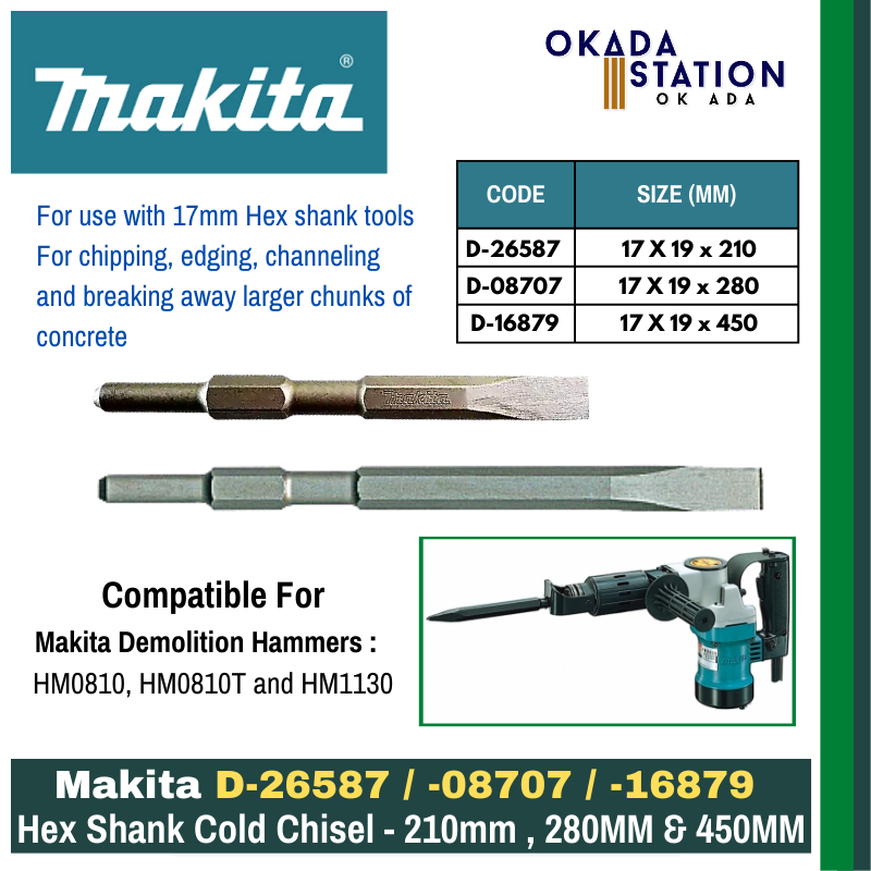 Makita D-26587 / D-08707 / D-16879 - Hex Shank Cold Chisel - 210mm , 280MM & 450MM / Flat Chisel / Cold Flat Chisel / Hex Shank Chisel / Chisel For Demolition Hammer / Power Tool Accessories / Chisel