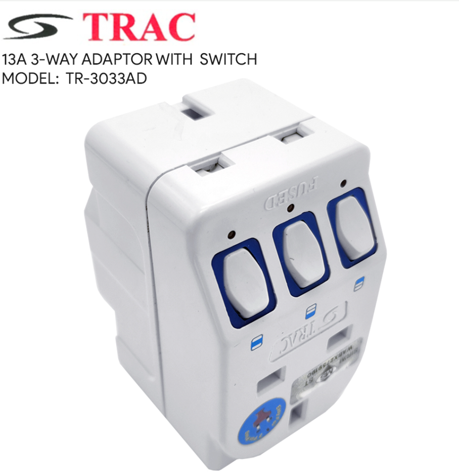 TRAC / EUROSAFE 13A 3-WAY ADAPTOR C/W SWITCH & NEON (TR-3033AD / ES-3033AD)