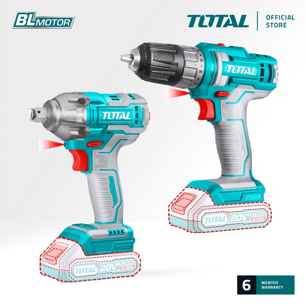TOTAL LI-ION CORDLESS COMBO KIT WITH IMPACT WRENCH & DRILL (20V) + BATTERY (2 PCS) + CHARGER + CASE P20S TOSLI230702